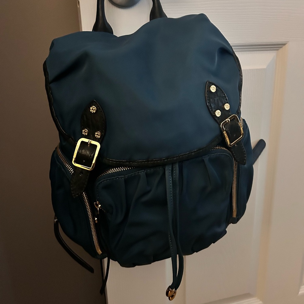 MZ Wallace Marlena Teal Backpack with Gold Hardware.